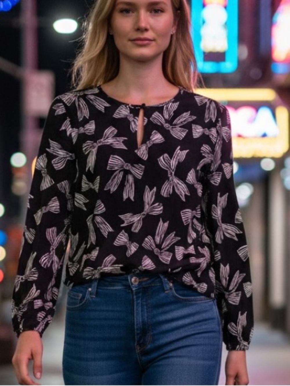 LOFT Black Bow-Print Blouse Size S